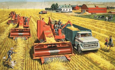 Des moissonneuses-batteuses récoltent le blé dans les vastes plaines du Canada. - Stobo Stobo