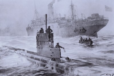 Naufrage du navire marchand britannique Linda Blanche par le sous-marin allemand U-21 au large de Liverpool, Première Guerre mondiale, 30 janvier 1915 (lithographie) - Willy  Stoewer 