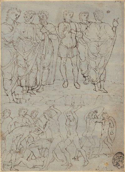 Six hommes conversant et dix nus combattant - Studio of Francesco Squarcione