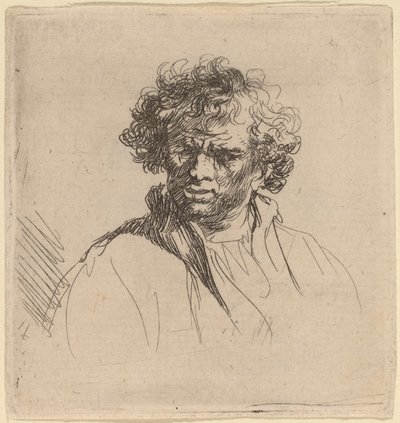 Homme aux cheveux bouclés avec une bouche tordue - Studio of Rembrandt van Rijn