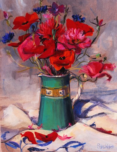 Coquelicots et bleuets dans un pichet vert, 1994 - Sue Wales