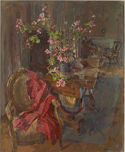 Manteau rouge avec géranium - Susan Ryder