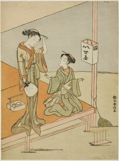 Une courtisane et son assistante à la maison de thé au bord de la rivière Iseya - Suzuki Harunobu