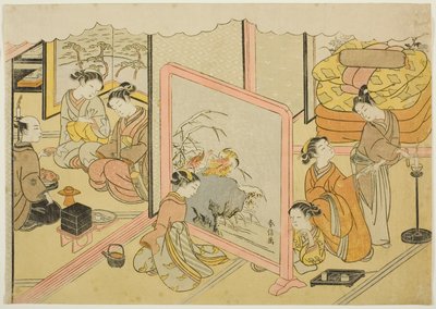 Une tasse de saké avant de se coucher (Toko sakazuki), la sixième feuille de la série "Mariage en estampes brodées, le char de la femme vertueuse (Konrei nishiki misao-guruma)" - Suzuki Harunobu