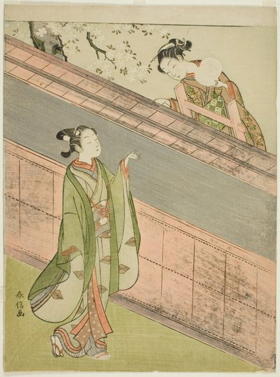 Une jeune femme renvoie une balle à un jeune homme - Suzuki Harunobu