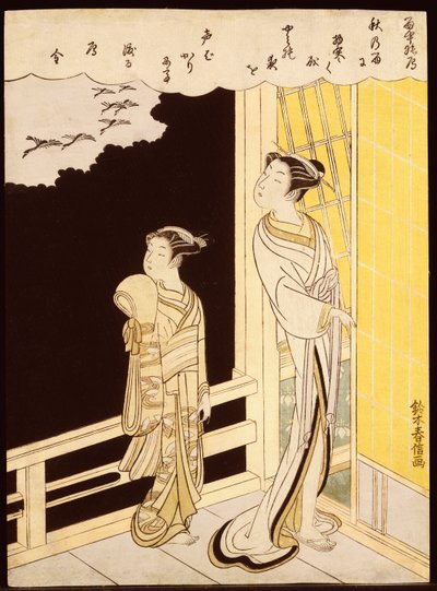 Une courtisane et son kamuro sur une véranda regardant des oies volantes sous la pluie - Suzuki Harunobu