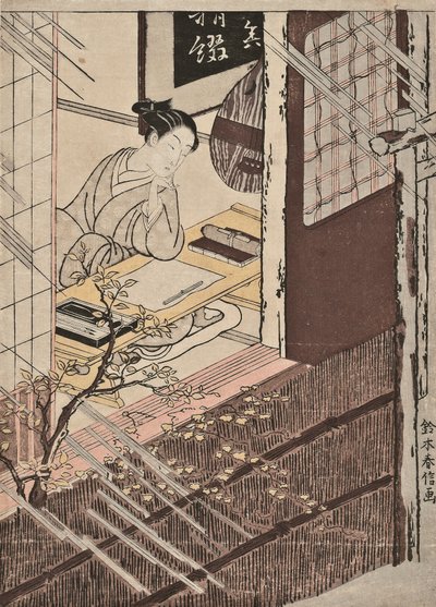 Une femme assise à un bureau regardant la pluie - Suzuki Harunobu