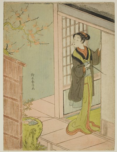 Beauté admirant un rossignol chantant dans un prunier - Suzuki Harunobu