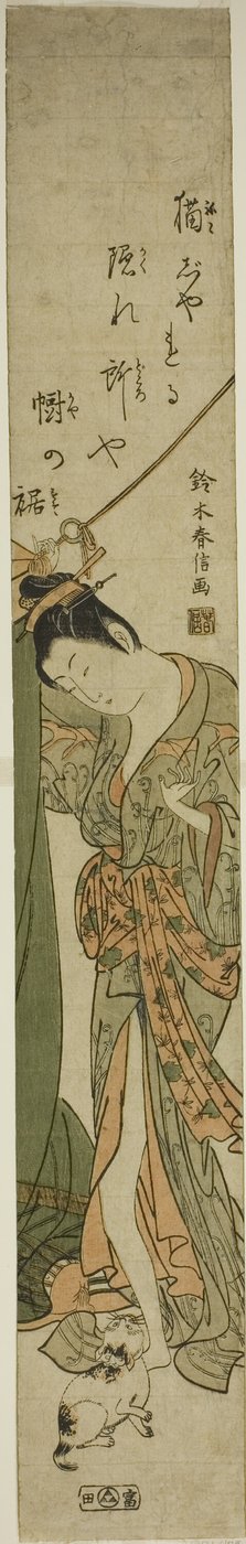 Beauté regardant un chat en fixant une moustiquaire - Suzuki Harunobu