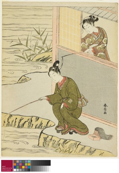 Beauté taquinant un jeune homme pêchant, vers 1768 - Suzuki Harunobu