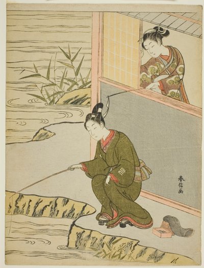Beauté taquinant un jeune homme pêchant - Suzuki Harunobu