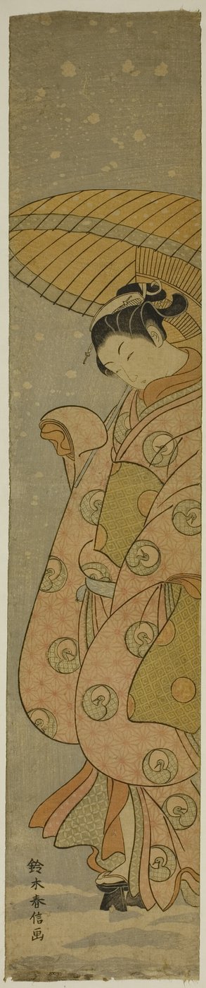 Beauté sous un parapluie dans la neige - Suzuki Harunobu