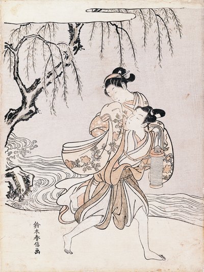 Couple sur les rives de la rivière, encre et couleurs, Japon, période Edo - Suzuki Harunobu