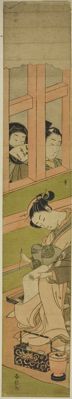 Courtisane écrivant une lettre tandis que deux hommes regardent à travers une grille de fenêtre - Suzuki Harunobu