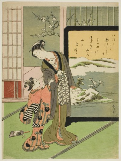 Courtisane et son enfant assistant jouant avec un chat - Suzuki Harunobu