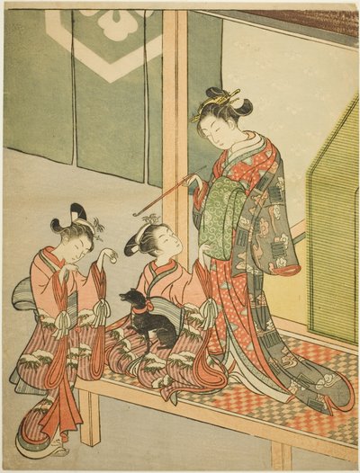 Courtisane et deux servantes jouant avec un chien - Suzuki Harunobu