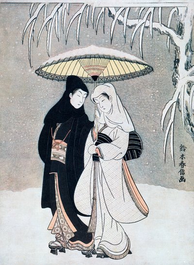 Corbeau et Héron, ou Jeunes Amoureux marchant ensemble sous un parapluie pendant une tempête de neige, vers 1769 - Suzuki Harunobu