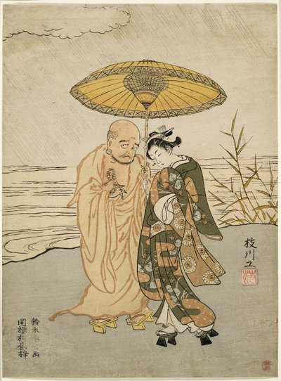 Daruma et une jeune femme sous la pluie - Suzuki Harunobu