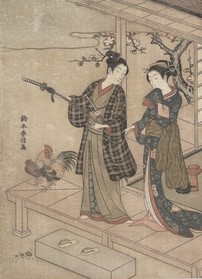 Gentleman prenant congé de sa dame sur une véranda - Suzuki Harunobu