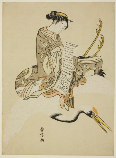 Fille chevauchant une grue (parodie de Hi Chobo [Chinois : Fei Zhangfang]) - Suzuki Harunobu