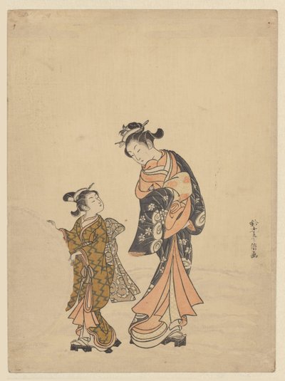 Jeune femme et fille avec boule de neige - Suzuki Harunobu