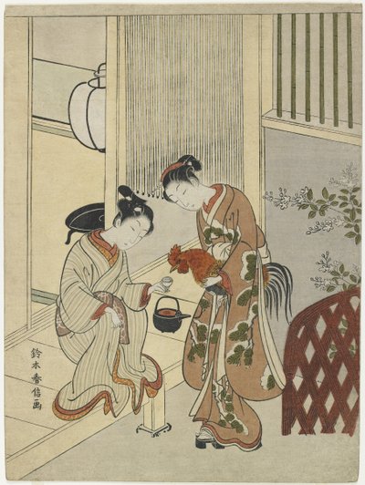Amoureux offrant du saké à un coq, vers 1767 - Suzuki Harunobu