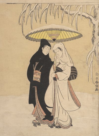Amoureux marchant dans la neige Corbeau et Héron, 1764-72 - Suzuki Harunobu
