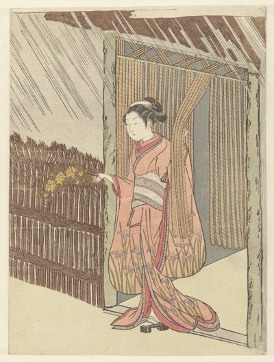 Fille avec une branche de yamabuki en main - Suzuki Harunobu