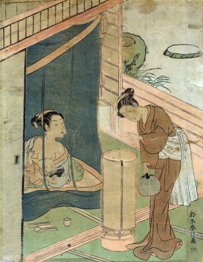 Mère et enfant derrière une moustiquaire par Harunobu Suzuki, un designer japonais d