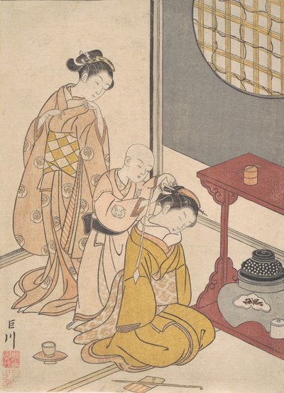 Pluie nocturne au double-étagère, de la série Huit vues de salon Zashiki hakk..., vers 1766 - Suzuki Harunobu