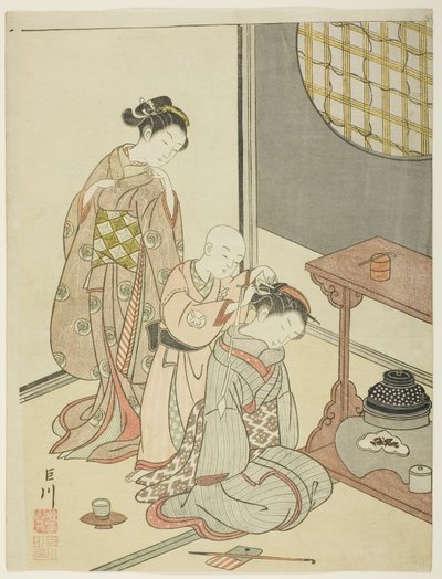 Pluie nocturne du stand de thé (Daisu no yau), de la série "Huit vues du salon (Zashiki hakkei)" - Suzuki Harunobu