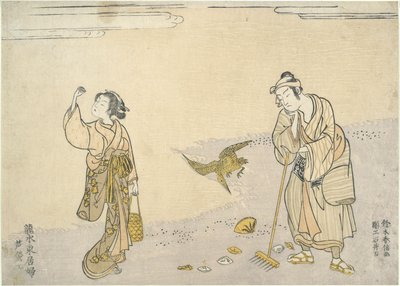 Ratisser les roseaux : Beautés orientales sur la plage - Suzuki Harunobu