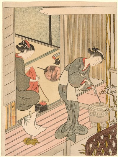 Voiles de retour du porte-serviettes (Tenugui-kake no kihan), de la série "Huit vues du salon (Zashiki hakkei)" - Suzuki Harunobu