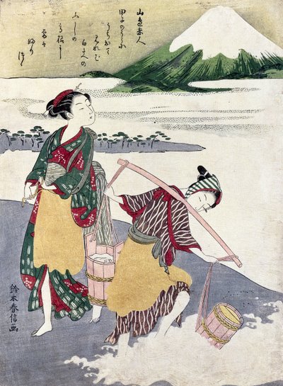 Les Filles du Sel sur la plage de Tago-no-ura avec le Mont Fuji derrière - Suzuki Harunobu