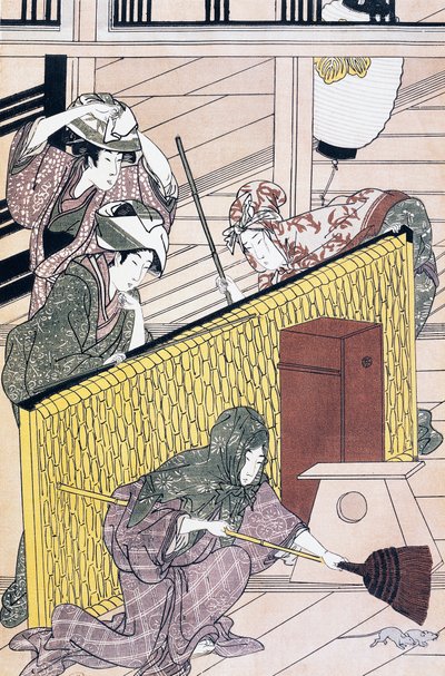 Serviteur chassant des souris dans la maison, estampe ukiyo-e par Suzuki Harunobu (1725-1770), gravure sur bois, civilisation japonaise, période Edo - Suzuki Harunobu