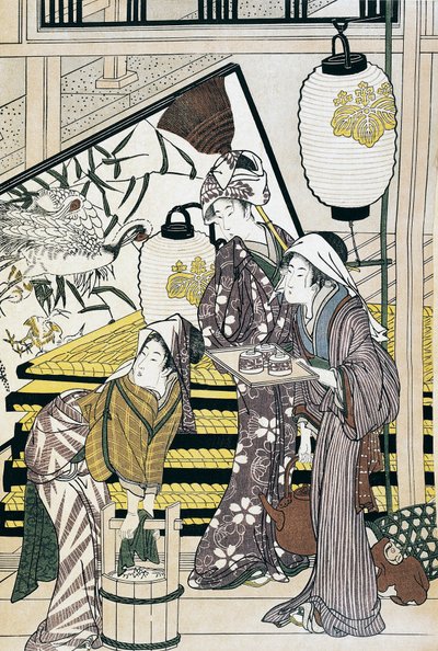 Serviteurs travaillant à la maison, estampe ukiyo-e par Suzuki Harunobu (1725-1770), gravure sur bois, civilisation japonaise, période Edo - Suzuki Harunobu
