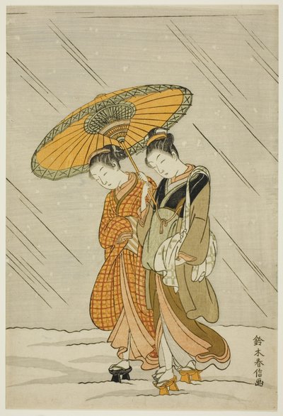 Neige sur le chemin du retour du bain public - Suzuki Harunobu