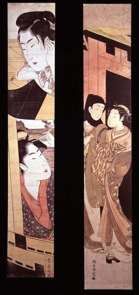 Le rendez-vous : deux amants à une porte, vers 1768 (impression sur bois en couleur) - Suzuki Harunobu