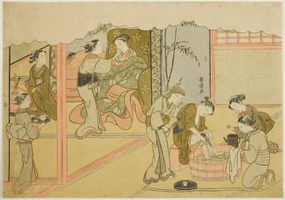 Le premier accouchement (Uizan), la septième feuille de la série "Mariage en estampes brodées, le Carrosse de la femme vertueuse (Konrei nishiki misao-guruma)" - Suzuki Harunobu