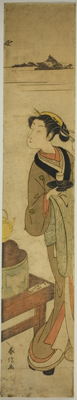La serveuse Osen de la maison de thé Kagiya portant une tasse de thé - Suzuki Harunobu
