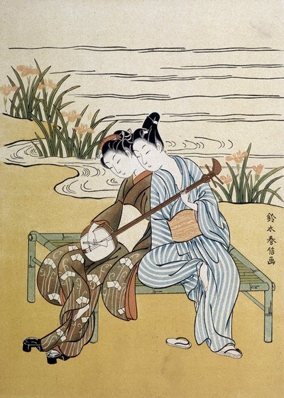 Le shamisen : couple jouant du shamisen (ou samisen : luth à manche long avec trois cordes) - par Harunobu, dans « Japon artistique », juillet 1890 - Suzuki Harunobu