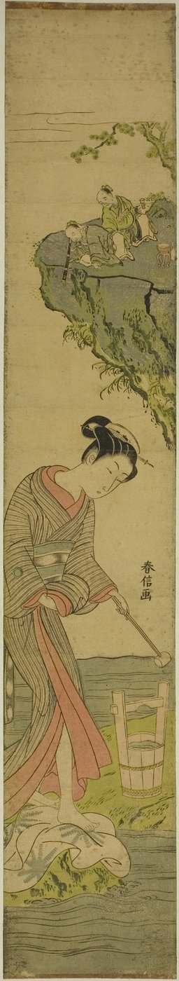 Deux sages regardant une beauté foulant du tissu (parodie de Kume Sennin) - Suzuki Harunobu
