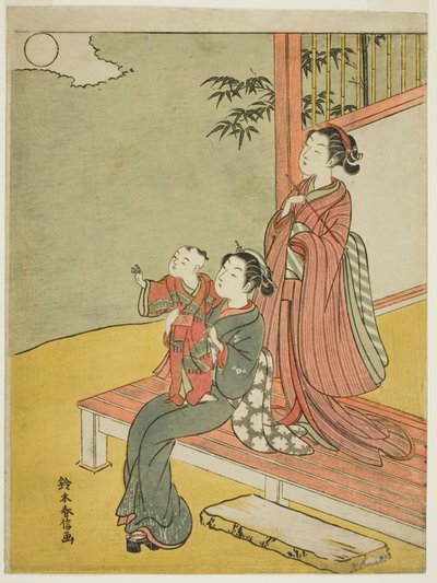 Deux femmes et un enfant regardant la pleine lune - Suzuki Harunobu