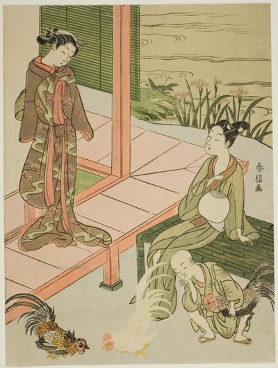 Regarder un combat de coqs au bord de la véranda - Suzuki Harunobu