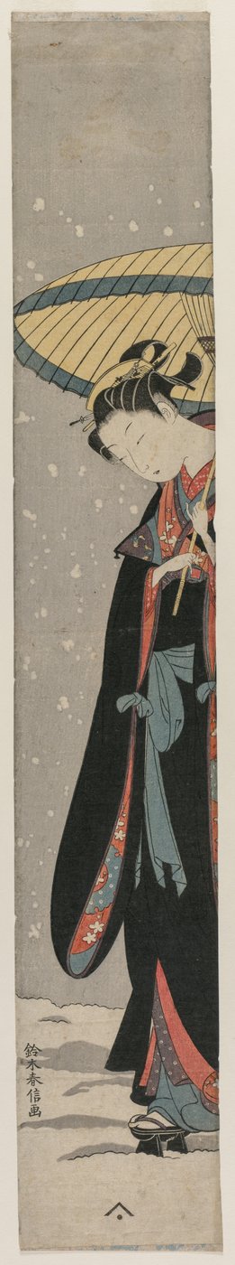 Femme Bihin avec parasol dans la neige de la série Mu Tamagawa - Suzuki Harunobu