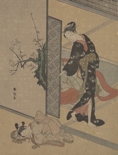 Jeune femme regardant par la porte son petit serviteur Kamuro endormi par terre - Suzuki Harunobu
