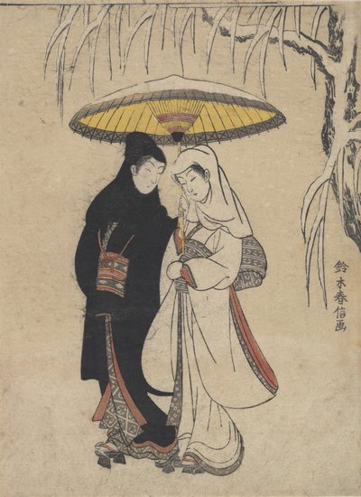 Jeunes Amoureux Marchant Ensemble sous un Parapluie dans une Tempête de Neige Corbeau et Héron, vers 1769 - Suzuki Harunobu