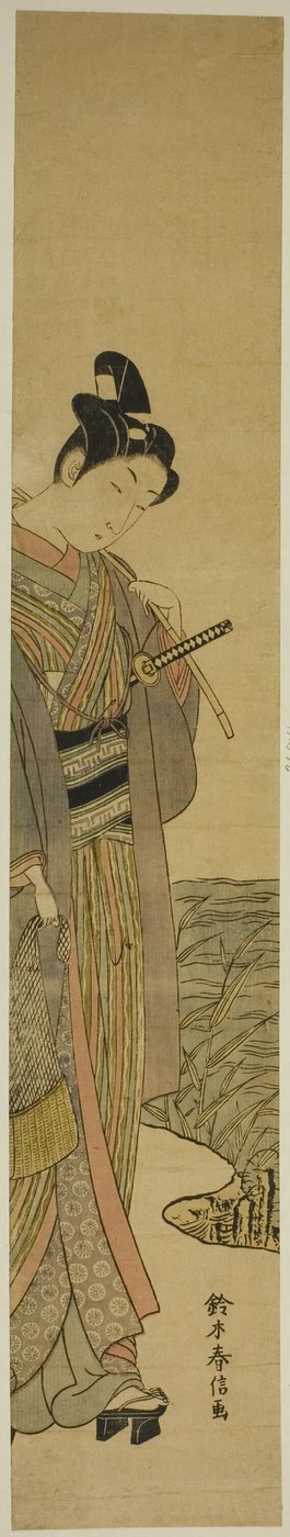 Jeune homme avec canne à pêche et filet - Suzuki Harunobu