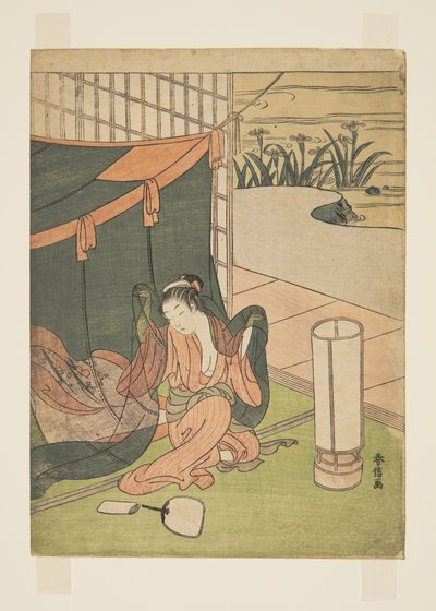Jeune femme sortant de la moustiquaire (estampe sur bois en couleur) - Suzuki Harunobu