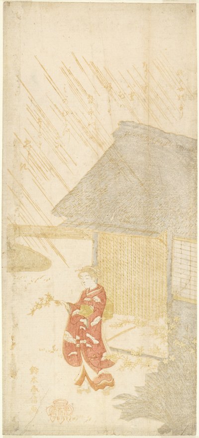 Jeune femme tenant une branche de kerria - Suzuki Harunobu
